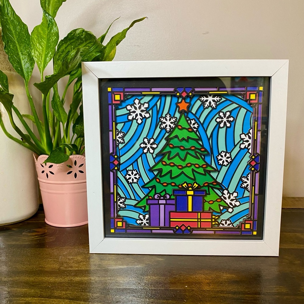 3D Christmas Tree Stained Glass Shadowbox